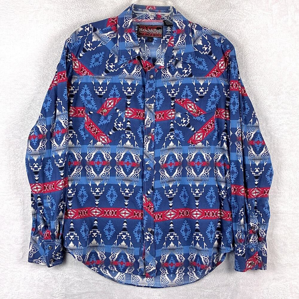 Rock & Roll Cowboy Shirt Mens L Blue Red Aztec Pearl Snap Western Southwestern